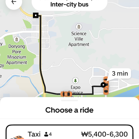 Uber fare estimate to the Doryong Inter-City Bus Stop