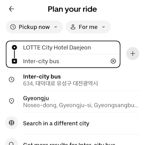 Searching for "Inter-city bus" on Uber
